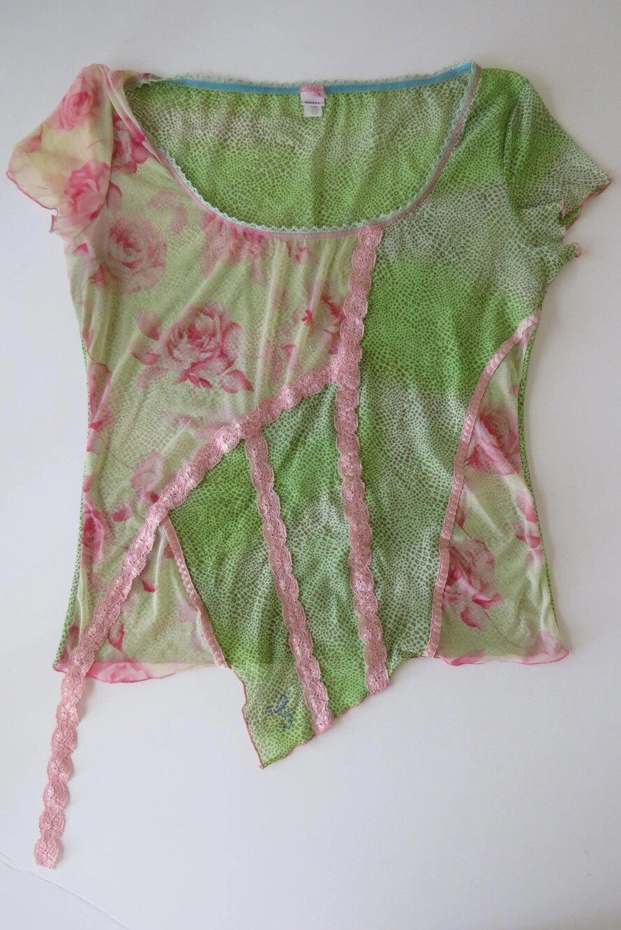 Vintage Guess Rare Mesh Top, Green Snakeskin Pink Rose Print, Sheer Asymmetric H